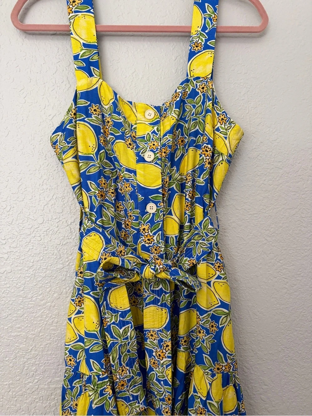 NWOT Yellow & Blue Lemon-Print Midi Dress with Tie Waist - Picture 3 of 16